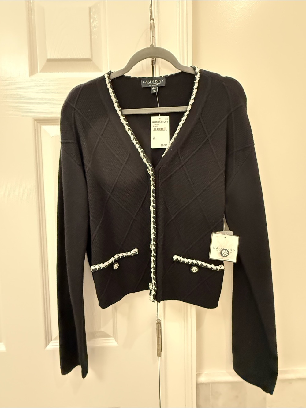 Laundry By Shelli Segal Black Cardigan with White Tweed Trim